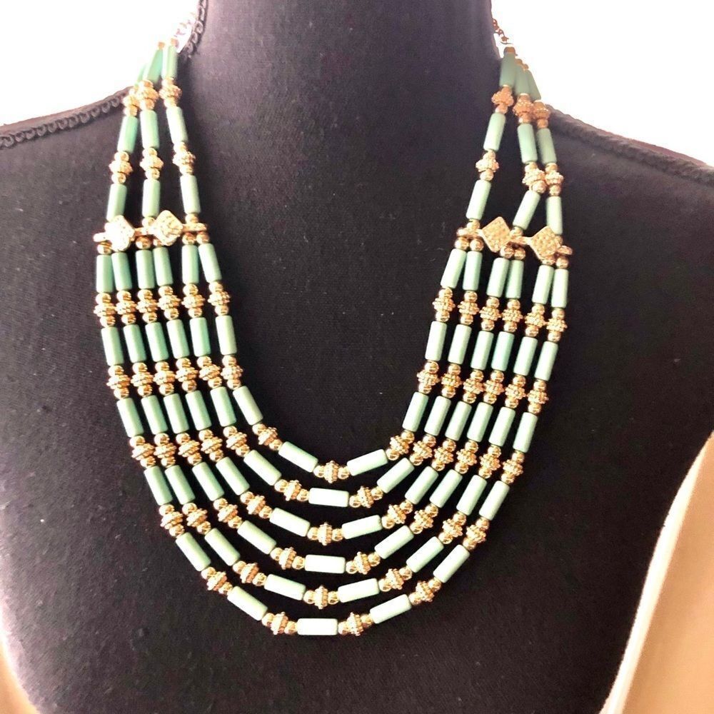 Tribal Collar Necklace with Green Glass Beads with gold tone accent